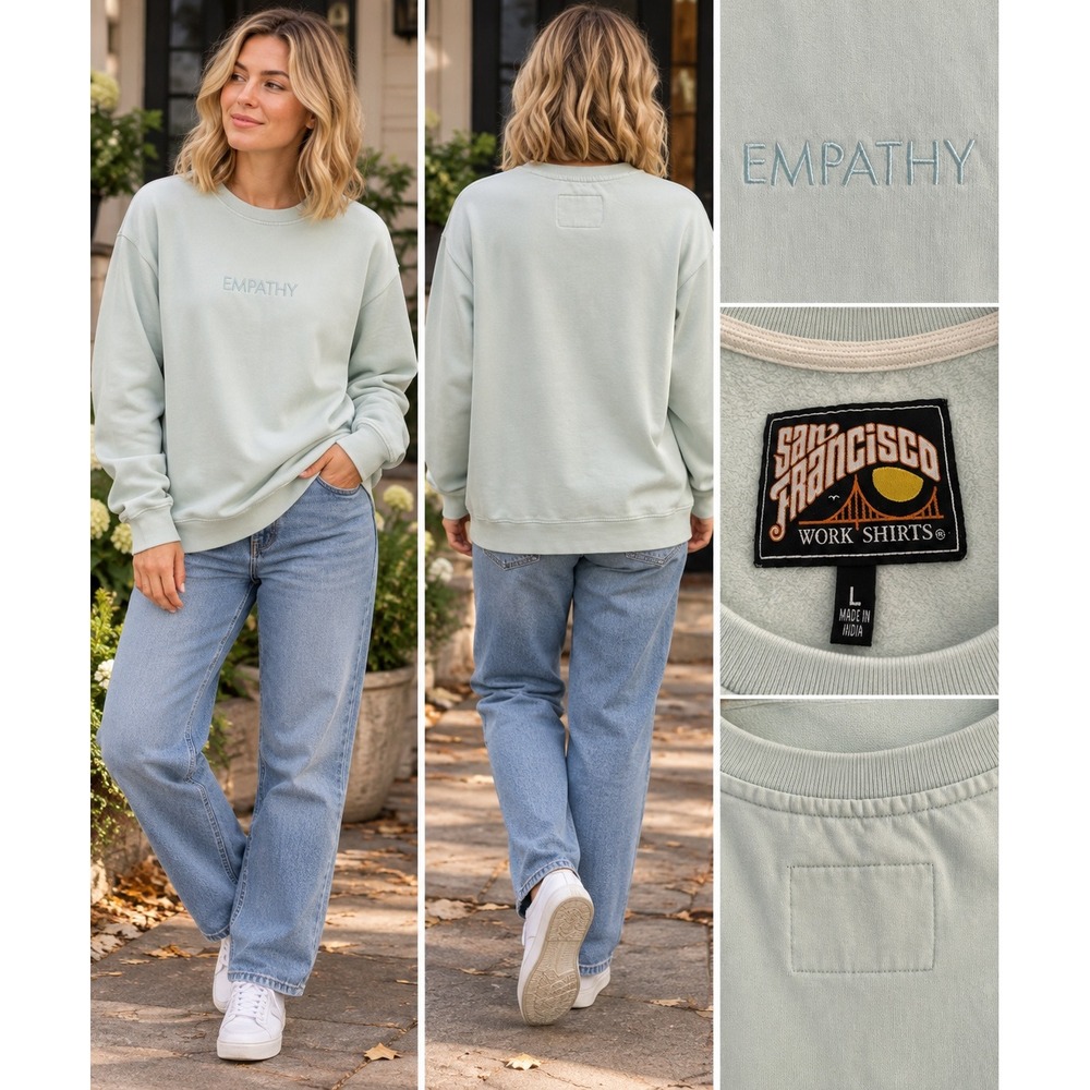 San Francisco Work Shirts Empathy Sweatshirt Large Pale Powder Green Embroidered